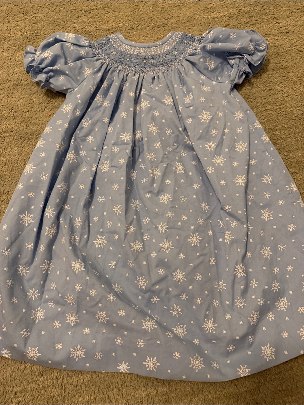 Light Blue Smocked snowflake Puff-Sleeve Dress with Snowflake Print